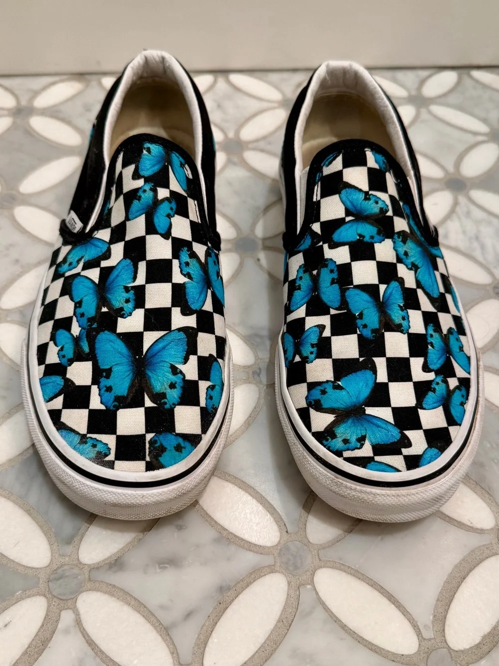 Sold Vans Classic Checkerboard Blue Butterfly Slip-On Sneakers 9 W / 7.5 M Skate - Picture 1 of 10